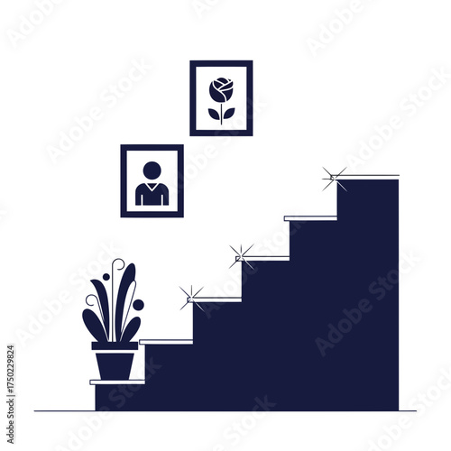 A dark blue silhouette of a staircase with two framed pictures and a potted plant on a