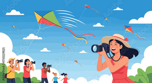 Capturing soaring kites: A joyous celebration of flight and photography in a vibrant setting