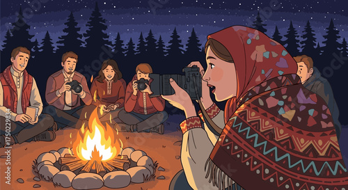 Capturing forest memories: A group of friends around a campfire photographing the starry night