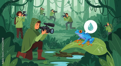 Wildlife photographers documenting the blue poison dart frog in its natural habitat