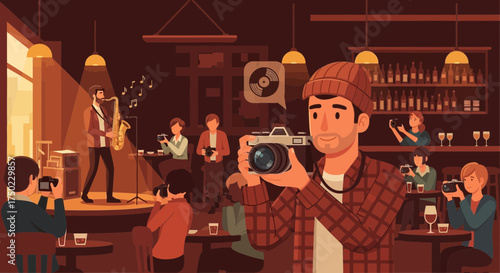 Illustrated scene of a jazz club, musicians, and onlookers capturing memories with cameras