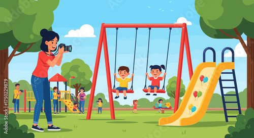 Joyful memories captured in a vibrant playground scene of childhood adventures