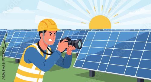 Engineer photographing solar panels with determination during inspection process