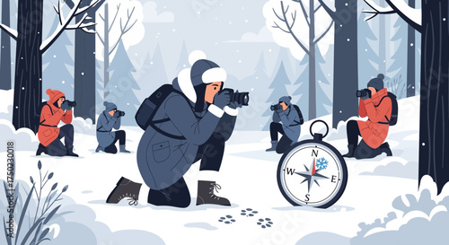 Winter photography expedition in snowy wilderness capturing compass amidst frosted trees
