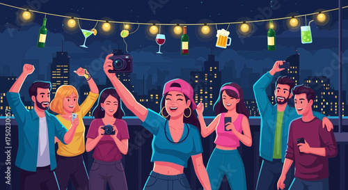 Animated depiction of friends enjoying a lively rooftop party against a city skyline
