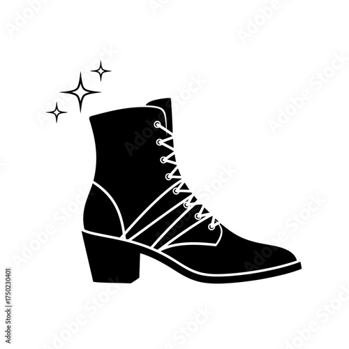 Black victorianstyle laceup boot with a block heel, , with sparkling stars indicating cleanliness or newness