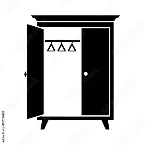 Open wardrobe with clothes hangers inside