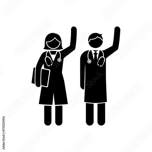 Two doctors, a man and a woman, wearing stethoscopes and lab coats, raising their hands in a gesture of greeting or success