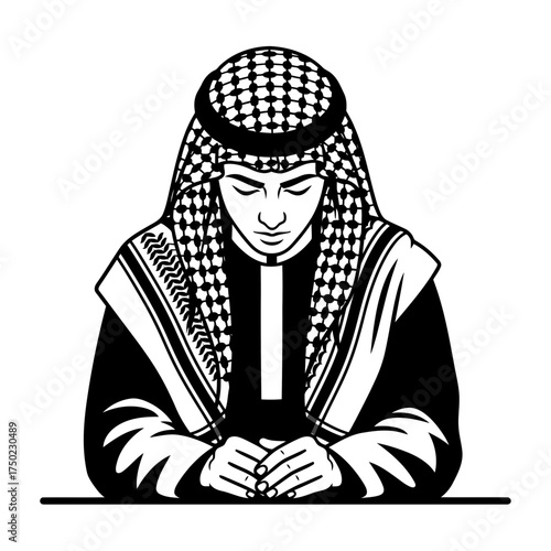 A man wearing a traditional keffiyeh and thobe, with his hands clasped in front of him