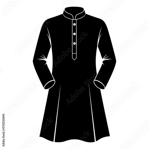 Black kurta, a traditional indian mens garment with a high neck and button placket, representing cultural attire and formal wear