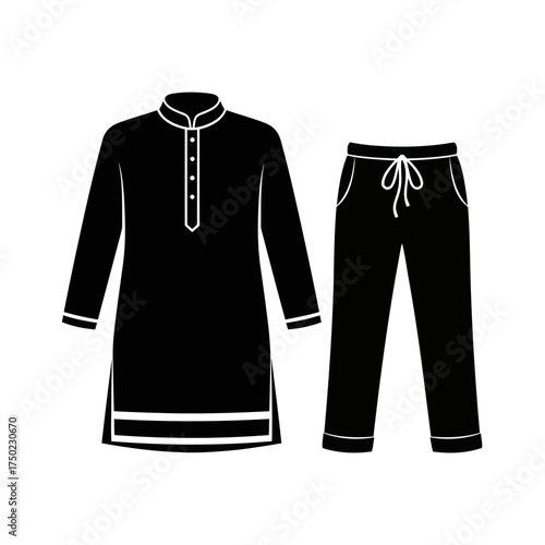 Black silhouette of a traditional indian kurta pajama set for men, isolated on a, showcasing ethnic wear