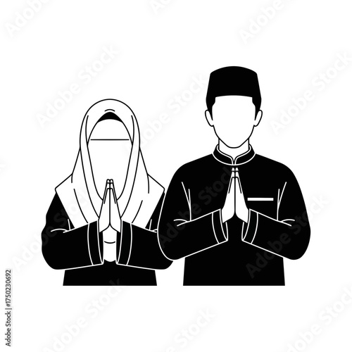 Muslim couple wearing traditional islamic clothing, man in kufi cap and woman in hijab, with hands clasped in greeting gesture