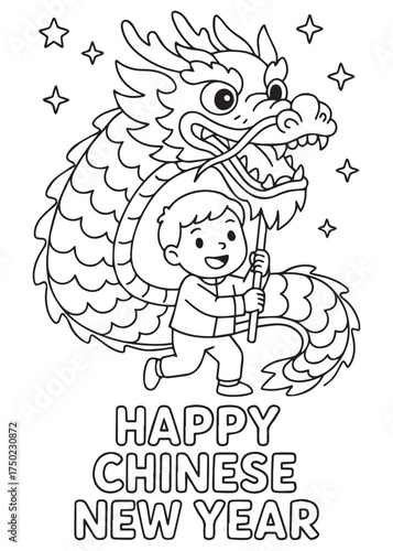 coloring book child dancing with dragon costume chinese new year