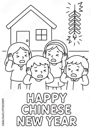 coloring book family watching firecrackers at home chinese new year