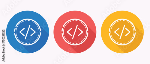 Software Development App Icon With Angle Brackets Blue Red Gold Circle Dashed Long Shadow Line