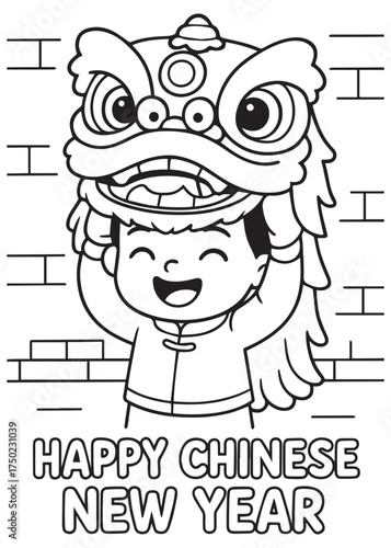 coloring book child wearing lion dance head costume chinese new year