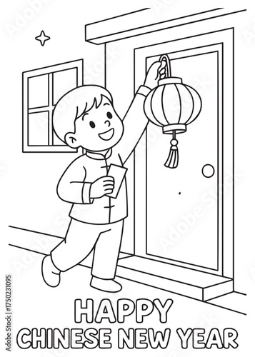 coloring book boy hanging lantern on the door chinese new year