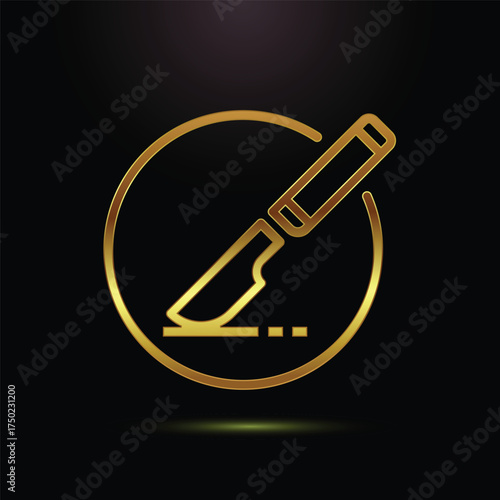 Golden Scalpel Surgery Icon Circle Surgical Procedure Metalic Gloss Cutting Instrument Outline on Black