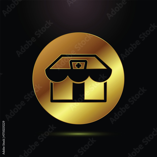 Golden Hospital Building Icon Glossy Clinic Structure Medical Center Facility Metalic Sign on Black