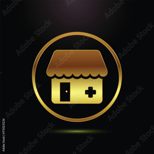 Golden Medical Store Pharmacy Building Icon Outline Metalic Circle HealthCare Facility on Black