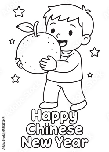 coloring book boy holding mandarin orange chinese new year