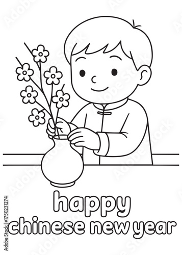 coloring book boy arranging plum blossom flowers chinese new year
