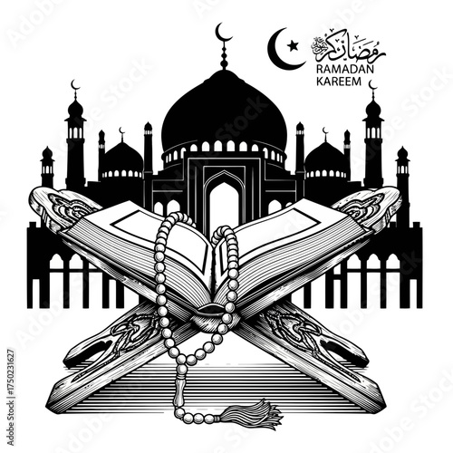 Ramadan kareem calligraphy with a mosque silhouette, open quran on a stand, and prayer beads