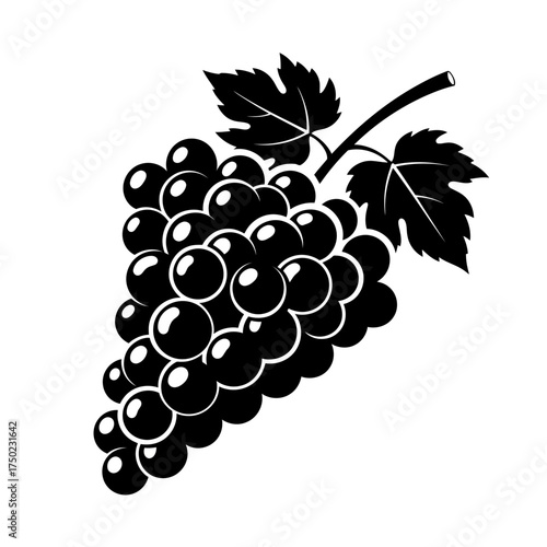 A simple black and white illustration of a bunch of grapes with leaves