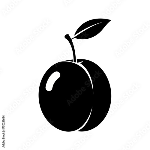 Black silhouette of a plum with a leaf and stem