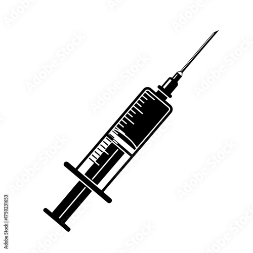 A black and white illustration of a medical syringe with a needle, isolated on a