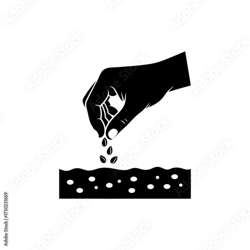 Black silhouette of a hand sowing seeds into the soil