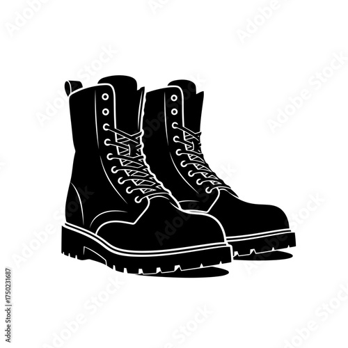 Black leather combat boots with white laces
