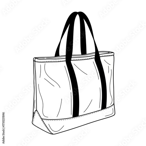 A black and white line drawing of a canvas tote bag with black straps