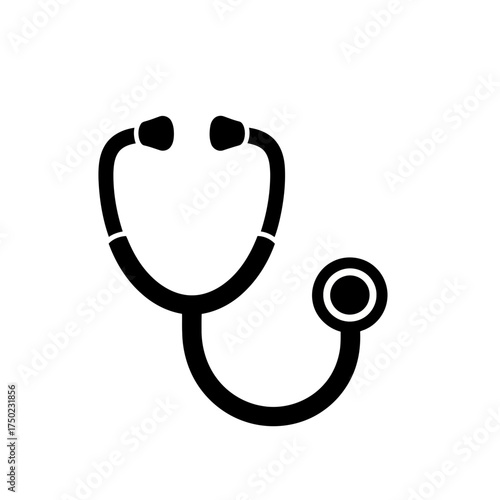 A black stethoscope icon isolated on a, representing medical examination and healthcare services