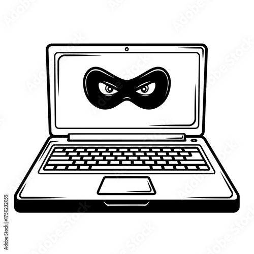 Illustration of a laptop computer displaying a black mask with angry eyes on its screen, symbolizing cybercrime and hacking