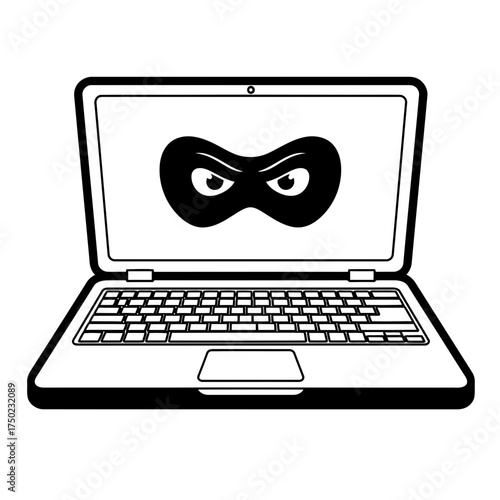 Illustration of a laptop computer displaying a hacker mask with angry eyes on the screen