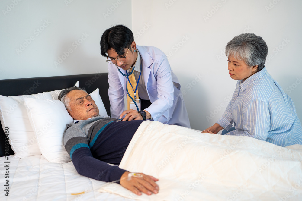 Fototapeta premium scene of doctor checking bedridden patient symptom. illness senior suffer from infectious disease. home caregiver nurse visit retire couple for health check up recovery process medical service