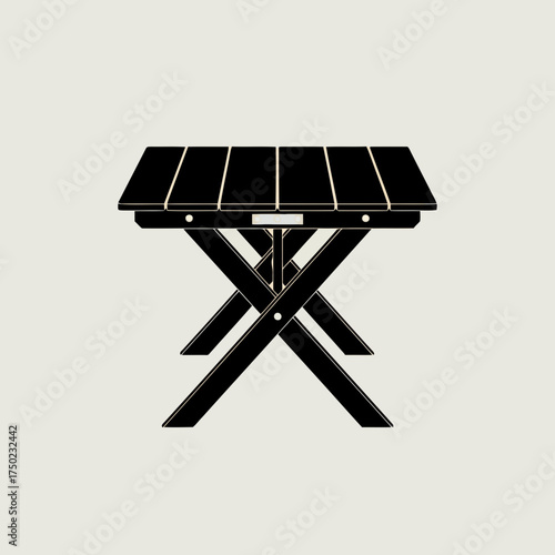 A simple black silhouette of a folding wooden picnic table with an xshaped base, presented against a neutral, lightcolored background