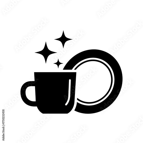 Clean cup and plate icon with sparkling stars, representing cleanliness and hygiene