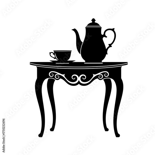 A black silhouette of a vintage coffee pot and cup on a decorative table, isolated on a