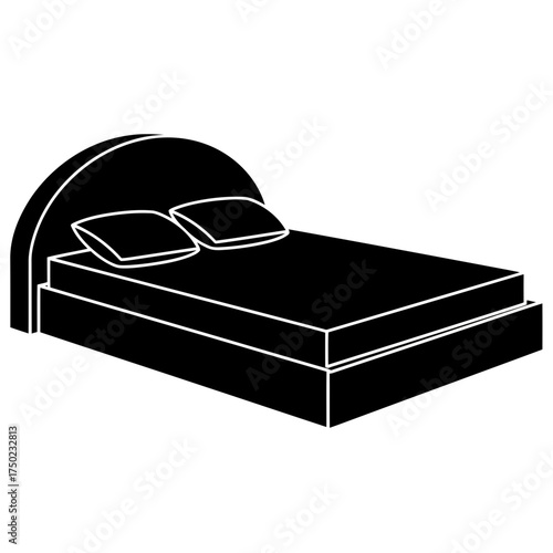 A simple black and white illustration of a bed with two pillows, isolated on a