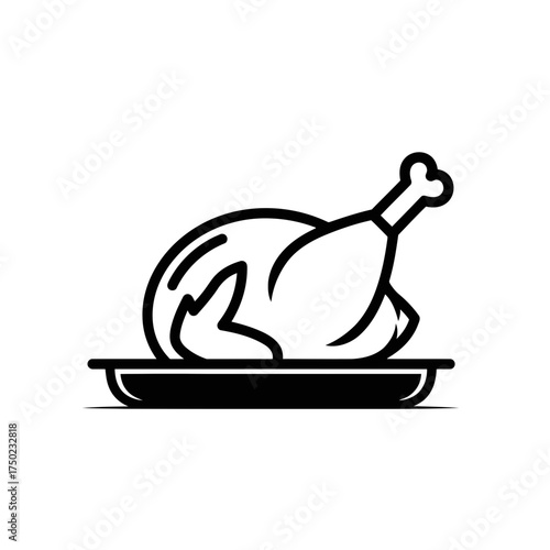 Simple black and white line art icon of a roasted chicken on a platter