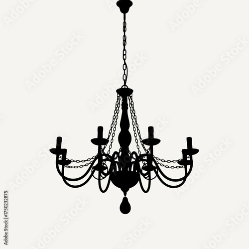 Silhouette of a classic black chandelier with multiple arms and candle holders