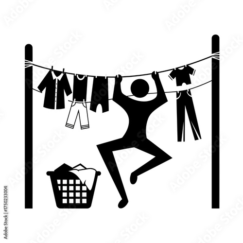 Stylized illustration of a person hanging laundry on a clothesline with a basket of clothes below