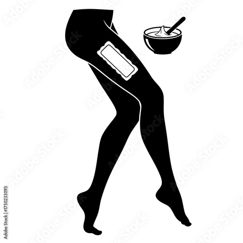 Silhouette of a womans legs with a waxing strip and bowl of wax
