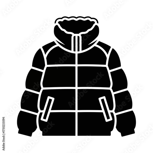 Black puffer jacket icon with a high collar and pockets