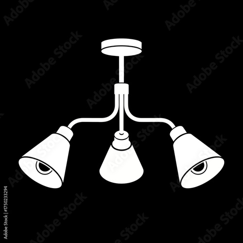 A white silhouette of a threeheaded ceiling light fixture with coneshaped lampshades, isolated on a
