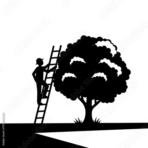 Silhouette of a person climbing a ladder to reach the top of a large tree, symbolizing growth, ambition, and achievement