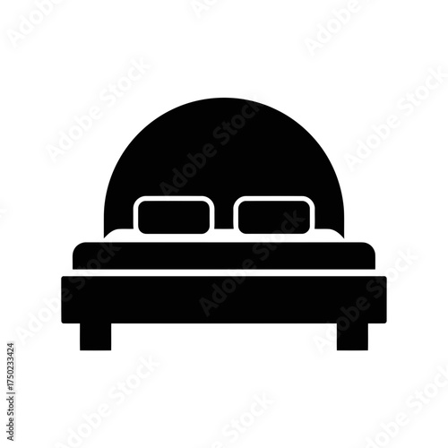 A simple black silhouette icon of a bed with two pillows and a headboard, isolated on a