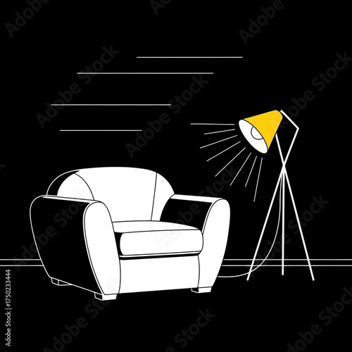 A minimalist illustration of a plush armchair next to a stylish floor lamp with a yellow shade, set against a dark background with abstract lines